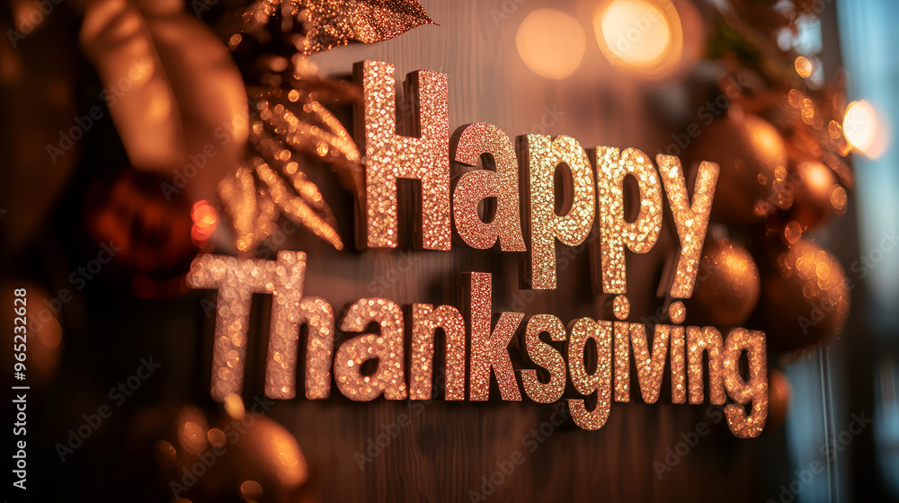 Wall mural sparkling gold happy thanksgiving sign with bokeh lights