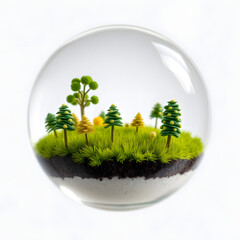 A glass globe filled with miniature trees and a tiny field of meticulously crafted grass