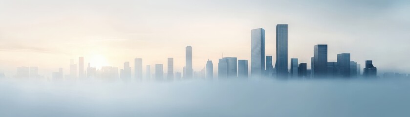 Fototapeta premium A serene city skyline emerges from soft fog, creating a tranquil and mysterious atmosphere at dawn.