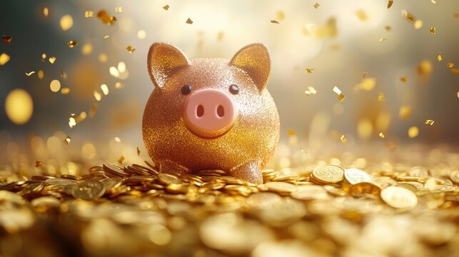 Golden Piggy Bank Surrounded by Coins and Confetti.