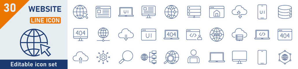 Website line icon set. Set of 30 outline icons related to web, internet, search, homepages and others. Website outline icons collection. Vector illustration.