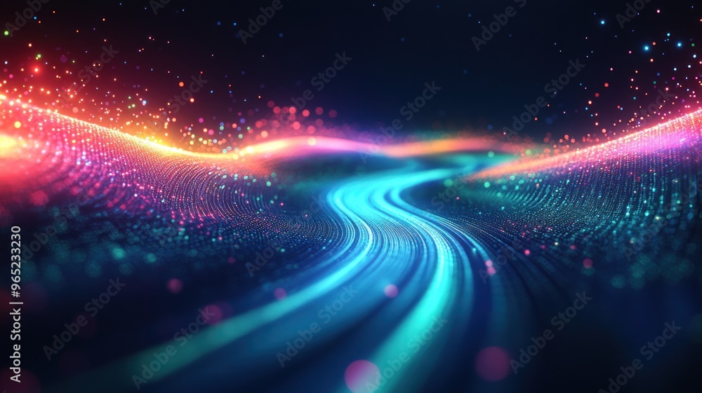Poster abstract digital landscape with vibrant colors and flowing patterns.