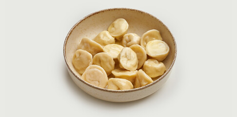 A bowl of freshly cooked dumplings is presented on a beige plate against a clean white background.