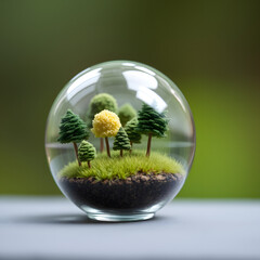 A glass globe filled with miniature trees and a tiny field of meticulously crafted grass