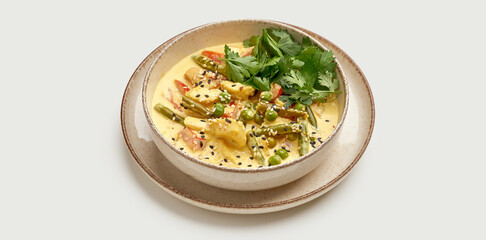 A bowl of creamy, golden curry is presented on a beige plate against a clean white background.