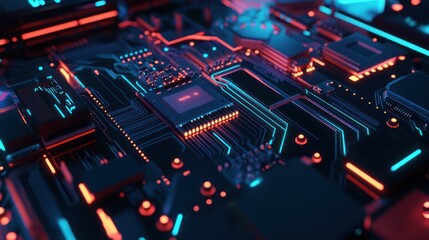 Obraz premium Circuit Board Close-up with Glowing Lines
