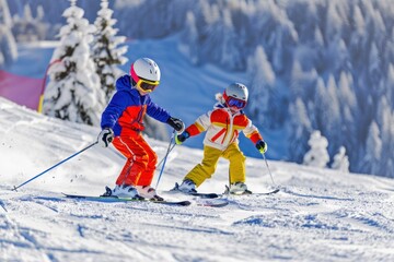 Child Skiing in the Mountains enjoying a winter sport in a ski school