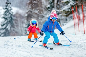 Child Skiing in the Mountains enjoying a winter sport in a ski school