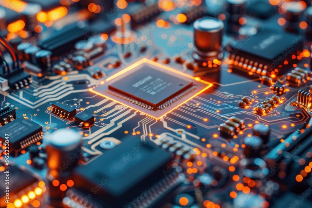 Poster Circuit Board with Advanced CPU Microchips, Conductors and Circuit Components