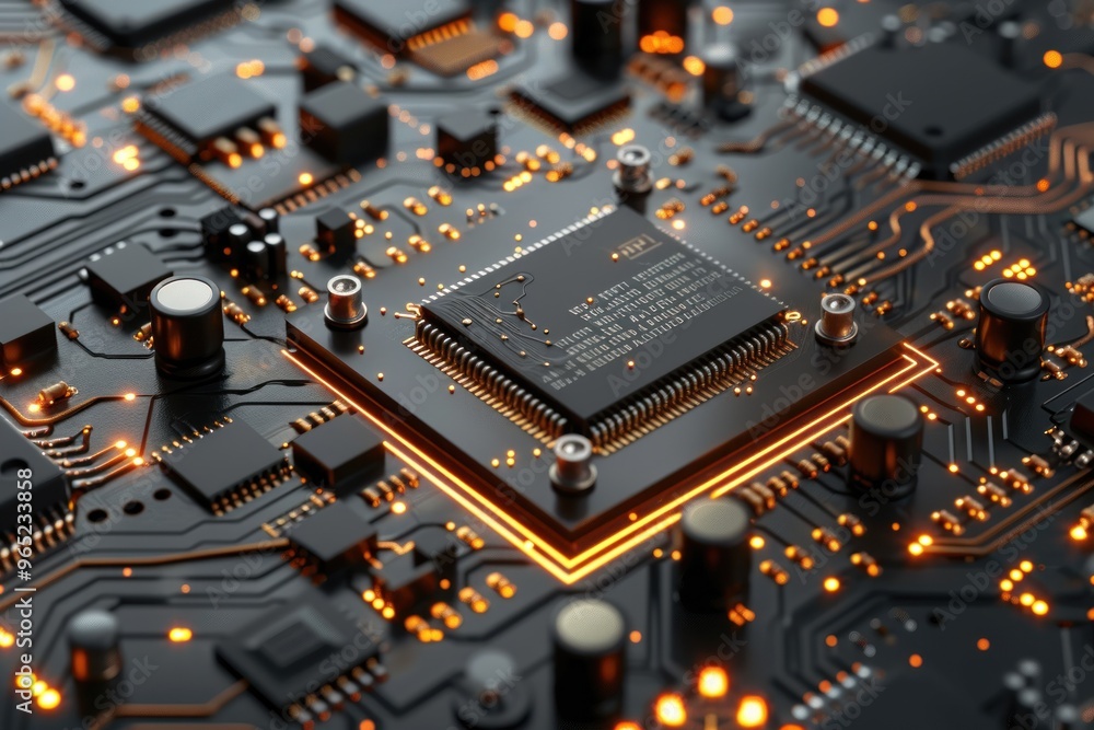 Poster Circuit Board with Advanced CPU Microchips, Conductors and Circuit Components