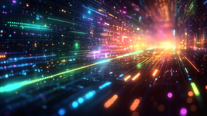 Fototapeta premium Abstract digital landscape with vibrant light trails and colors.