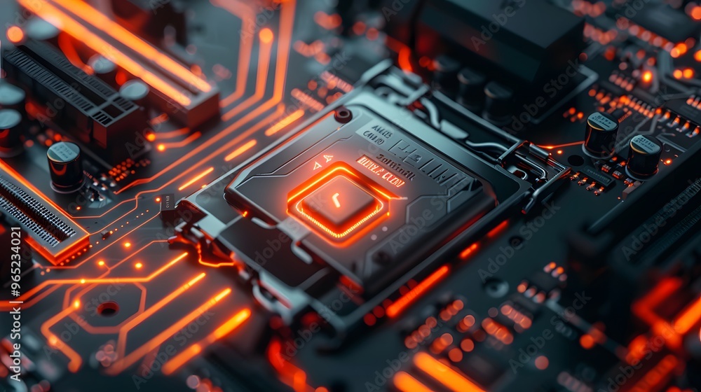 Poster close-up of a computer motherboard with glowing orange lines and a chip with a red light.