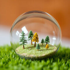 A glass globe filled with miniature trees and a tiny field of meticulously crafted grass