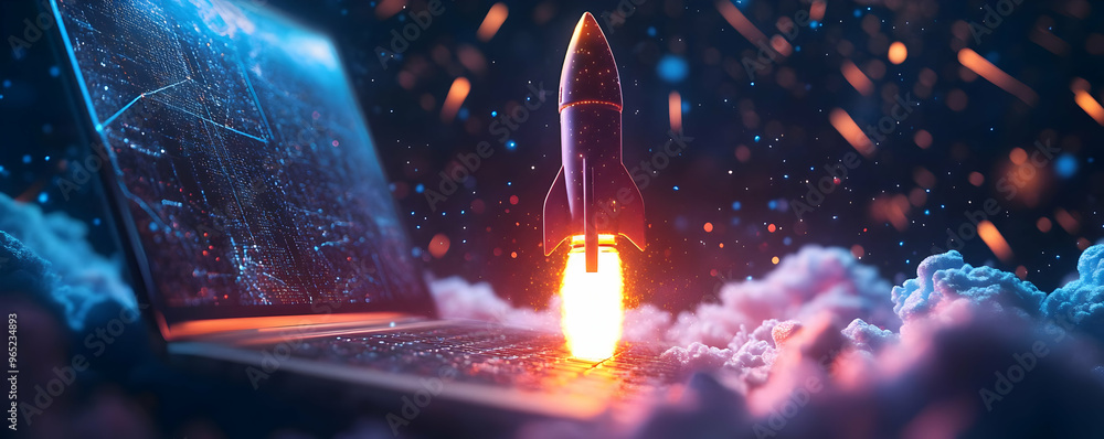 Aufkleber 3d illustration - rocket launch from laptop with data network background