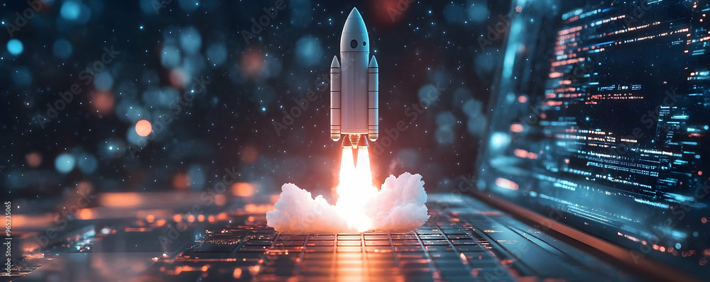 Aufkleber 3d illustration of rocket launch from laptop keyboard with coding background