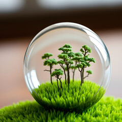 A glass globe filled with miniature trees and a tiny field of meticulously crafted grass