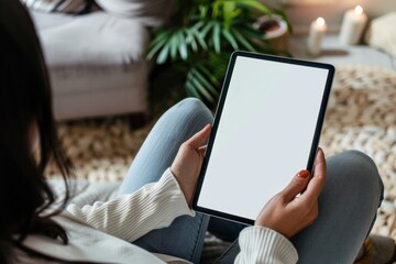 Naklejka premium Closeup of a woman holding digital tablet with a white screen mock up at home