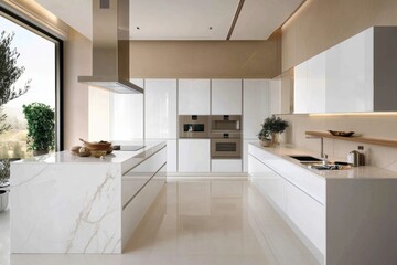 Fototapeta premium A clean, minimalist kitchen with balanced decor, emphasizing functionality and simplicity.