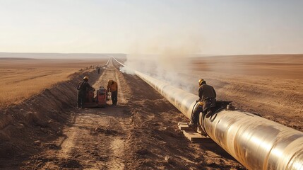 Rural gas pipeline construction with welders and heavy machinery working on a long stretch in a vast open landscape