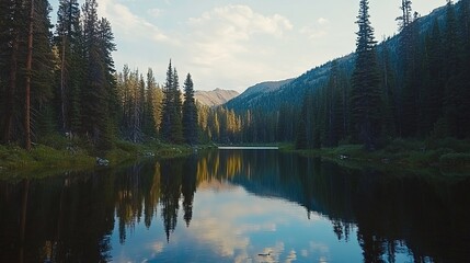 A serene mountain lake surrounded by tall pine trees, with a reflection of the sky on the still water