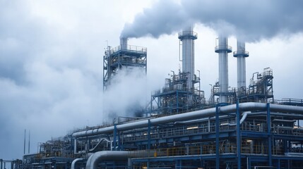Obraz premium Industrial gas processing plant with tall towers and cooling systems under a blue sky with clouds and steam