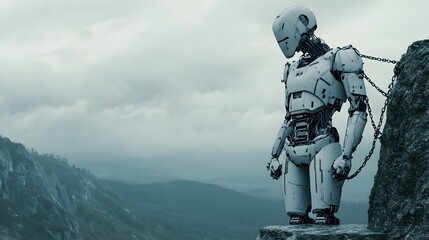 Fototapeta premium An AI humanoid standing on the edge of a cliff, bound by chains of law, contemplating its fate