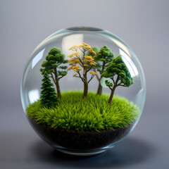 A glass globe filled with miniature trees and a tiny field of meticulously crafted grass