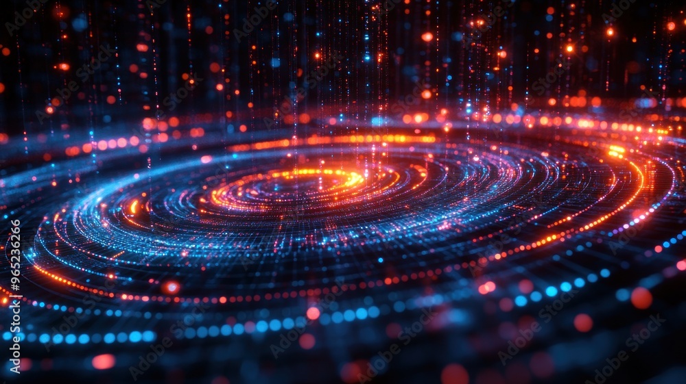 Poster abstract representation of swirling data particles in vibrant colors.