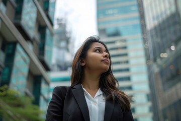 Confident rich eastern indian business woman executive standing in modern big city dreaming of future business success