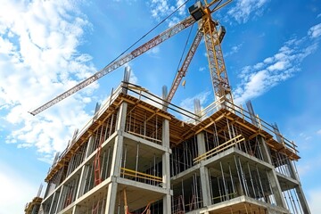 construction site and yellow crane on the background blue sky
