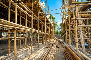 Construction site using sustainable bamboo scaffolding, reducing carbon emissions and promoting