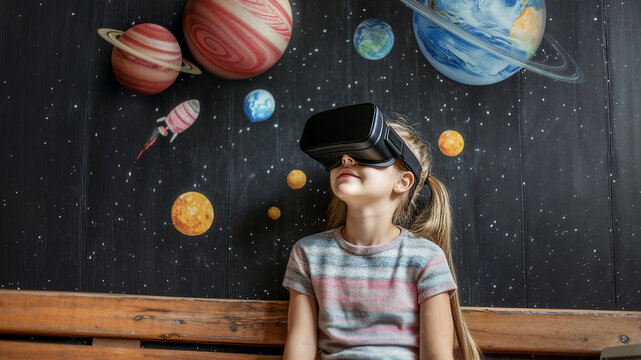 Young student exploring virtual solar system with VR virtual reality headset in front of planetary blackboard, Immersive education and imagination - Powered by Adobe