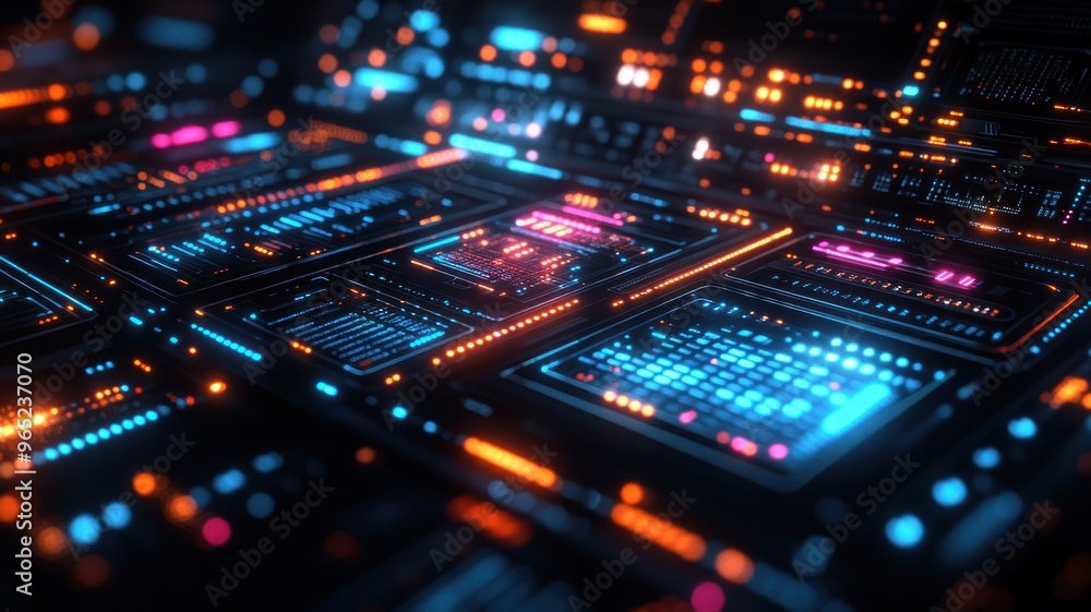 Poster abstract digital interface with glowing circuits and data displays.