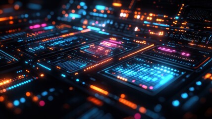 Obraz premium Abstract digital interface with glowing circuits and data displays.