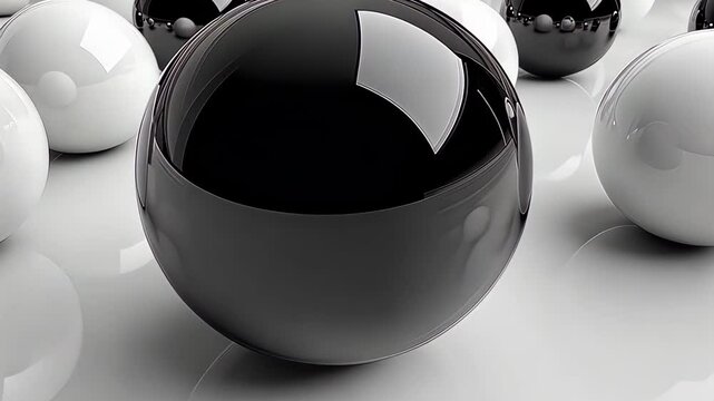 Perfectly polished black and white sphere balls reflecting surroundings on sleek metallic surface in minimalist composition
