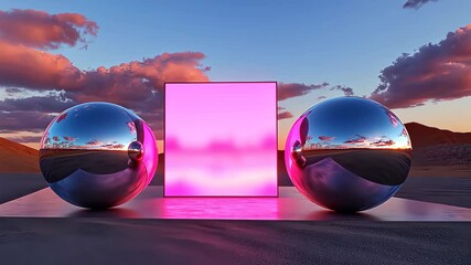 Futuristic neon pink cube between reflective chrome spheres in surreal desert sunset landscape - Powered by Adobe