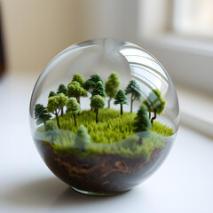 A glass globe filled with miniature trees and a tiny field of meticulously crafted grass