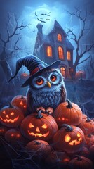 A whimsical owl wearing a witch hat sits on glowing pumpkins, under a spooky moonlit sky near an eerie house.