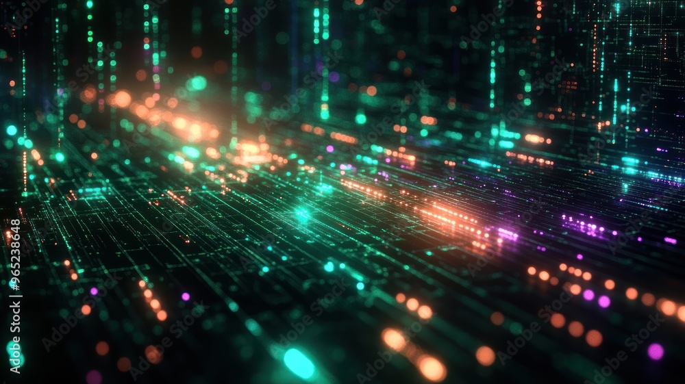 Poster abstract digital landscape with glowing lines and particles.