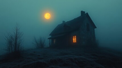 A misty Halloween night with a haunted house in the distance, chilling atmosphere