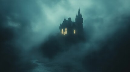 A misty Halloween night with a haunted house in the distance, chilling atmosphere