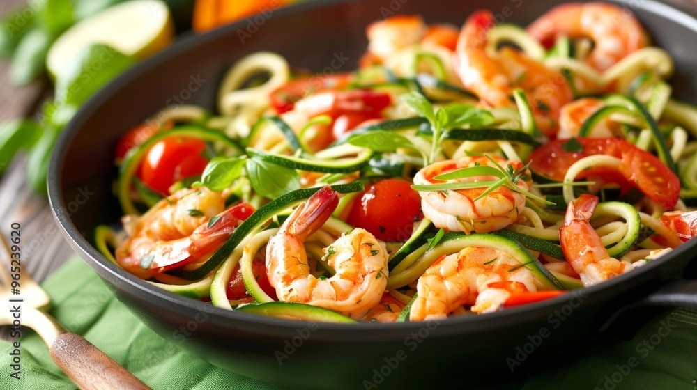 Sticker A vibrant shrimp pasta dish served in a black pan. Fresh zucchini noodles and cherry tomatoes add color. Perfect for healthy meals and quick dinners. Enjoy this flavorful recipe. AI