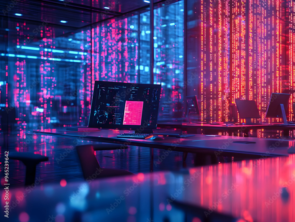 Aufkleber neon data center 3d illustration: modern technology and programming