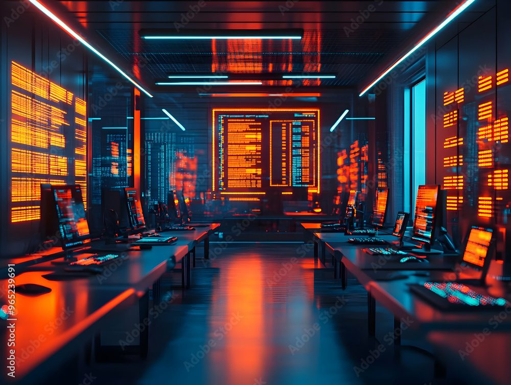Aufkleber cyberpunk control room 3d illustration: high-tech command center with data streams