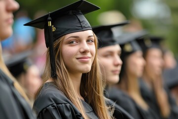 Fototapeta premium Female college student standing among her peers at graduation