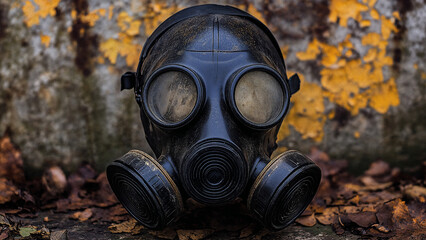 Ominous gas mask against backdrop of decaying autumn leaves in post-apocalyptic atmosphere