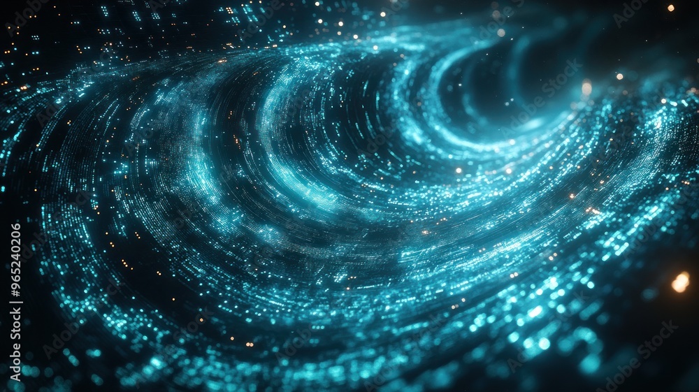 Poster abstract representation of a swirling galaxy with glowing particles.