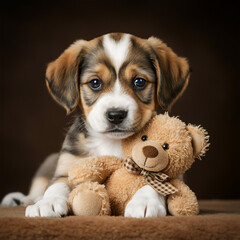 An amusing and cute brown and white puppy cuddled up comfortably with a teddy bear creates a delightful pet portrait