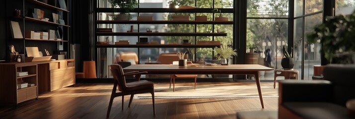 A chic, airy modern office space featuring wooden furniture, large windows, shelves, and natural light flooding inside.
