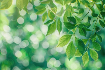 Fresh green leaves on blurred greenery background with bokeh effect